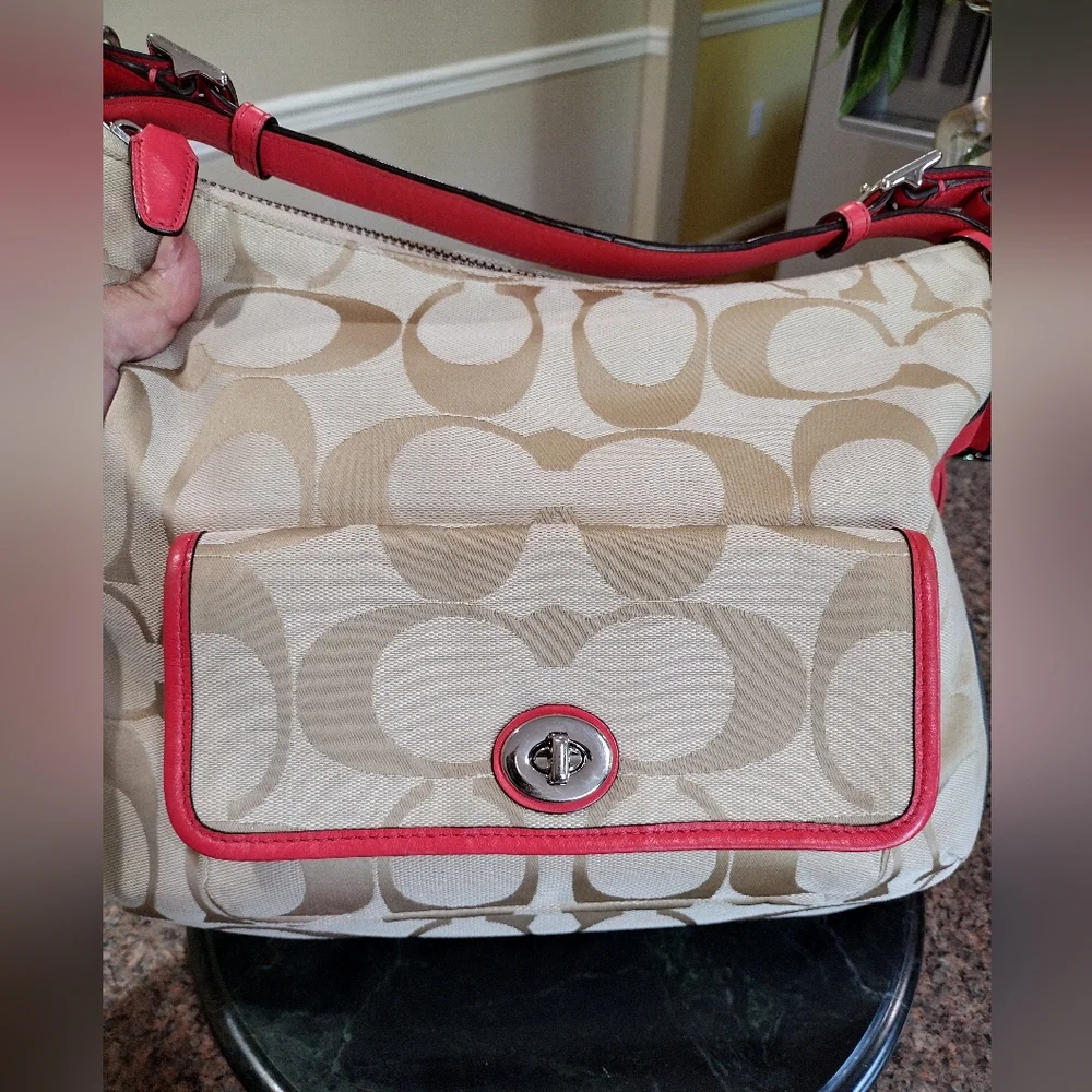 Coach Legacy Signature Courtney Hobo Bag Khaki and Coral Style #22392